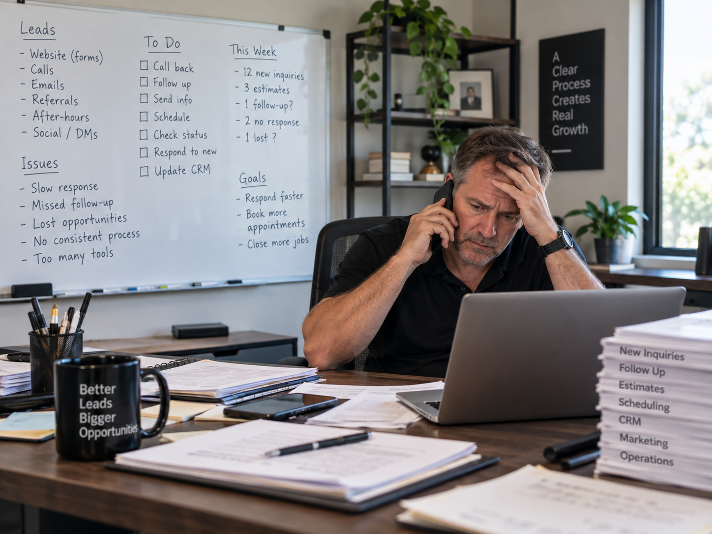 Stressed business owner, whiteboard, phone and workspace Stressed business owner, whiteboard, phone and workspace